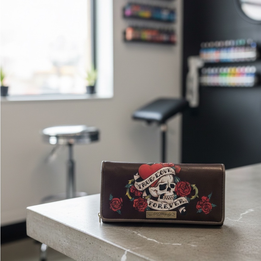 Y2K Ed Hardy brown wallet true love forever red roses rhinestones and skull